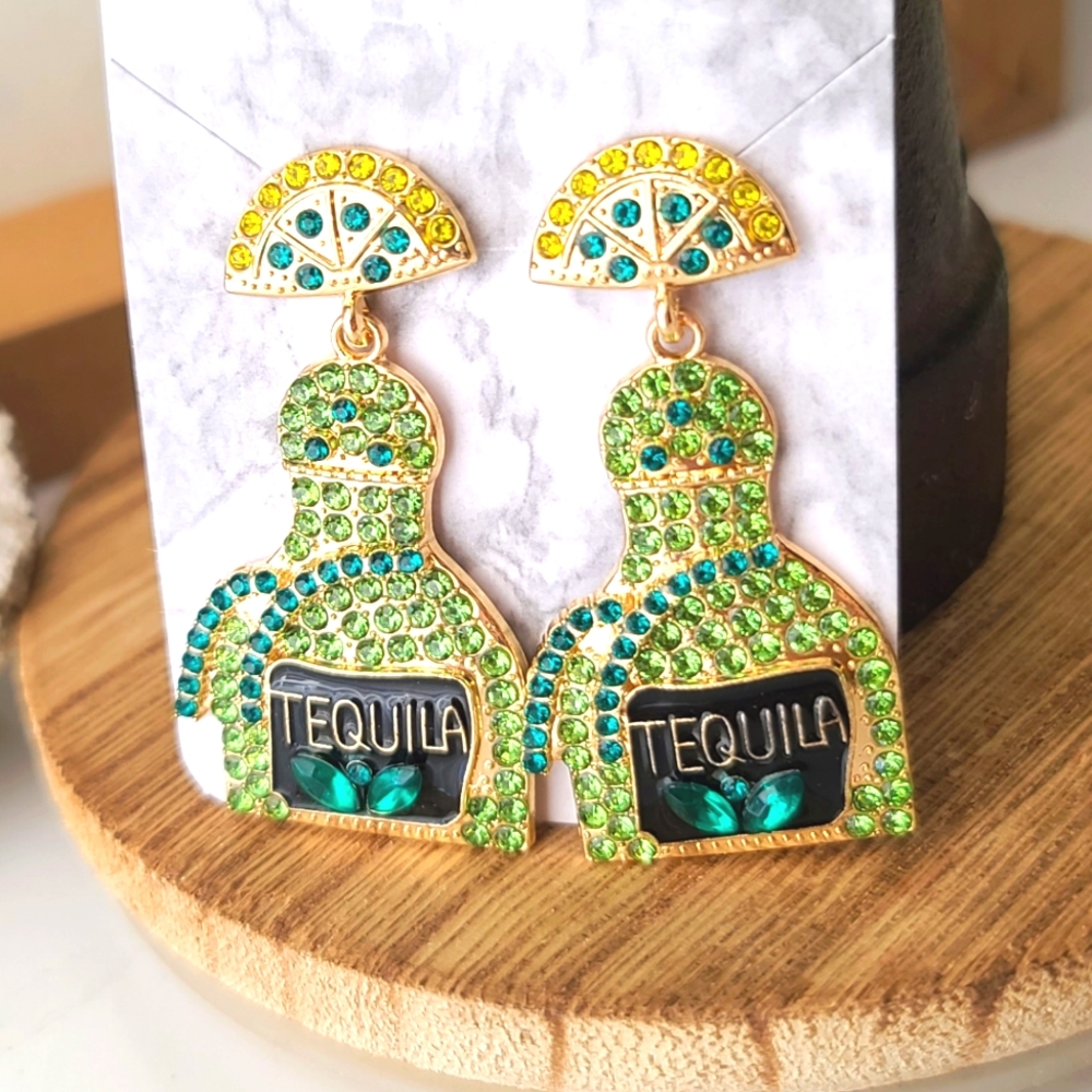 "Blingy Black-out" Bedazzled Tequila Bottle Earrings NEW - Picture 5 of 5